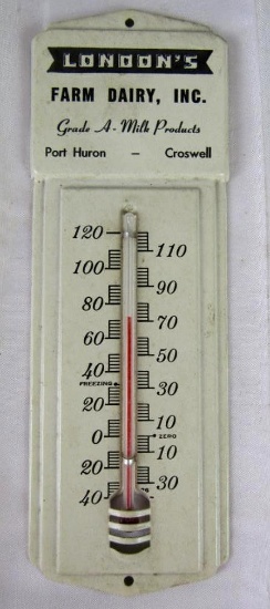 Antique London's Dairy Metal Advertising Thermometer- Port Huron/ Croswell Michigan 8"