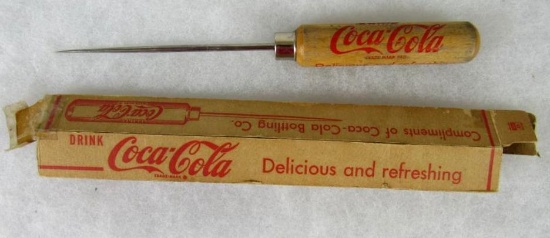 Antique Coca Cola Advertising Ice Pick with Wooden Handle in Original Box