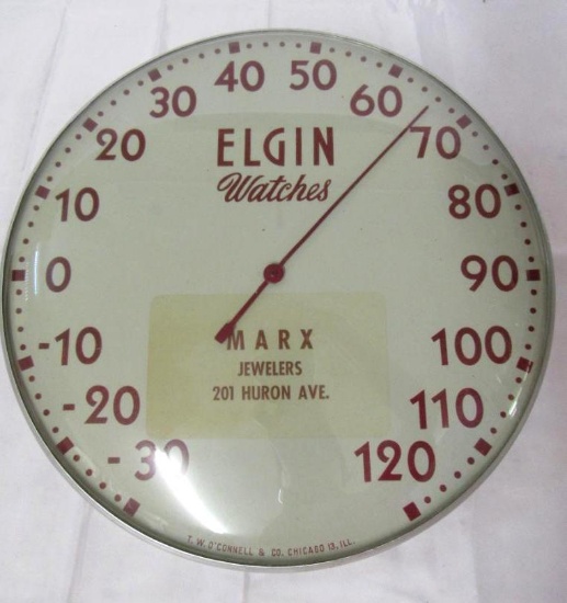 Antique Elgin Watches 12" "Bubble" Glass Advertising Thermometer- Port Huron, Michigan