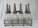 Antique Motor Oil Glass Quart Bottle Carrier with 8 Bottles All M&K (Moore & Klein)