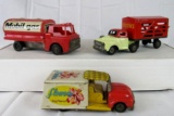 Lot (3) Antique Japan Tin Friction Trucks- Mobil Gas, Livestock, Flower Truck