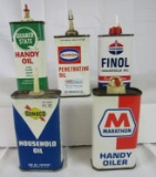 (5) Vintage/ Antique Metal Handy Oiler Oil Cans- Sunoco, Boron, Marathon, Standard Quaker State