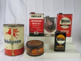 Lot (6) Antique Gas & Oil Related Metal Cans- Mobil, Sinclair, Veedol, Whiz+