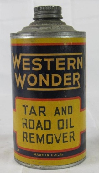 Antique Western Wonder Tar & Road Oil Remover Metal Cone-Top Can