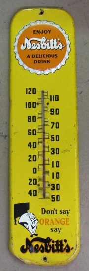 Antique Nesbitt's Orange Soda Embossed Metal Advertising Thermometer 7" x 27"