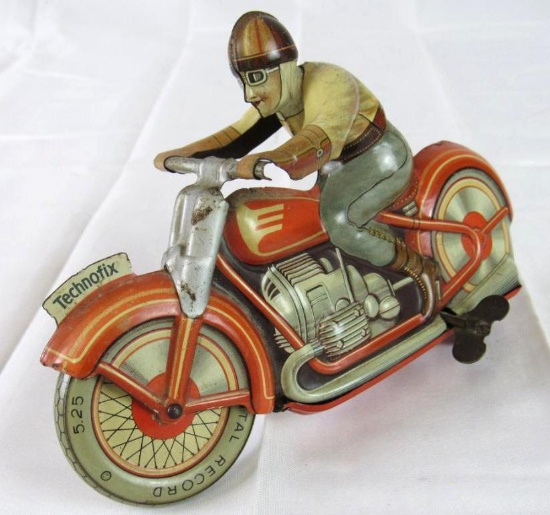 Vintage Technofix Germany Tin Wind-Up Race Motorcycle 7"