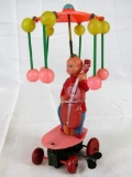 Antique Tin & Celluloid Boy With Cello Wind-Up Platform Toy
