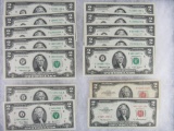 Estate Found Lot (14) Vintage US $2.00 Bills. Some Uncirculated & Sequential