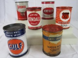 Lot (6) Antique Metal Grease Cans- Phillips 66, Gulf, Amalie+