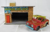 Antique Wyandotte Toytown Fire Dept. Tin litho Station with Jeep