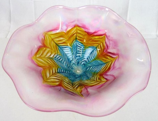 Outstanding Signed Ron Hinkle Art Glass Iridized Pulled Feather 11" Bowl