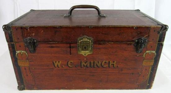 Outstanding W. C. Minch Antique Miniature Wooden Trunk / Sewing Box
