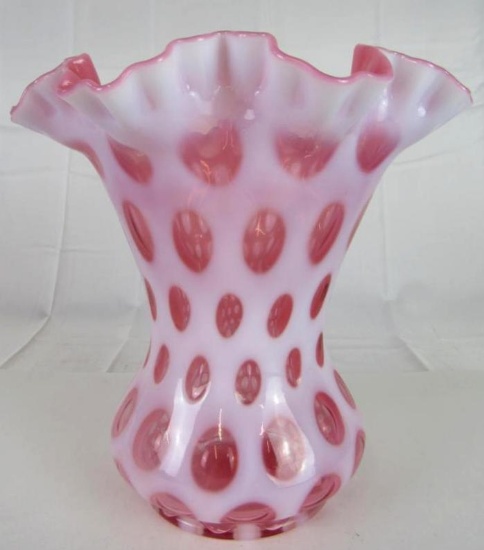 Beautiful Fenton Art Glass Cranberry Opalescent Coin Dot 8 1/4" Ruffled Vase