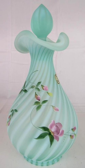 Signed Shelley Fenton Sea Mist Green Opalescent Rib Optic Hand Painted Decanter