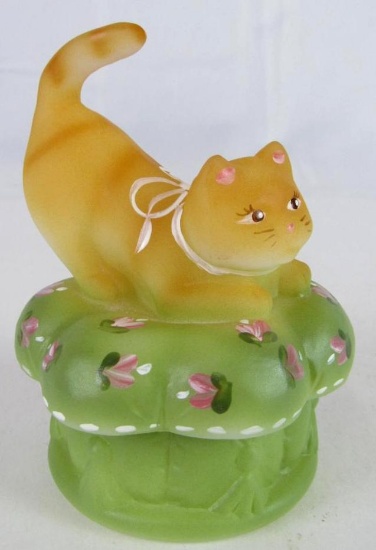 Fenton Art Glass Handpainted Cat on Stool Trinket Box