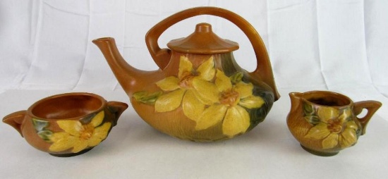 Antique Roseville Pottery Clematis Brown Teapot w/ Cream & Sugar