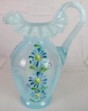 Beautiful Artist Signed Hand Painted Fenton Blue Opalescent Pitcher