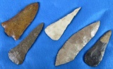 Lot (5) Large Authentic Native American Arrowheads & Spearpoints Paleo Artifacts