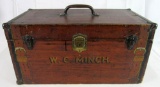 Outstanding W. C. Minch Antique Miniature Wooden Trunk / Sewing Box
