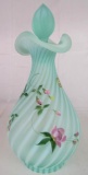 Signed Shelley Fenton Sea Mist Green Opalescent Rib Optic Hand Painted Decanter
