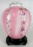 Beautiful Signed Fenton Art Glass Rosalene Hand Painted 3 Pc. Lidded Ginger Jar