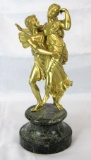 Antique Gold Cast Metal Angel Statue on Marble Base
