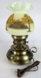 Outstanding Fenton Custard Satin Glass Hand Painted Log Cabin Table Lamp