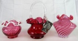 Lot (3) Fenton Cranberry Glass. Opalescent, Snowcrest, Basket