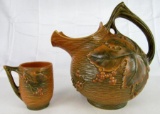 Antique Roseville Pottery Brown Bushberry Ice Lip Pitcher w/ Mug