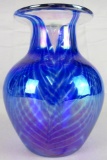 Beautiful Signed Larson Pulled Feather Oil Slick Art Glass Vase