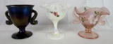 Lot (3) Fenton Art Glass Compotes. Carnival, Hand Painted, Iridized Stretch