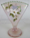 Signed Bill Fenton Pink Opalescent Iridized Hummingbird Fan Vase