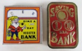 Lot (2) Small Antique Tin Litho Childrens Dime Banks