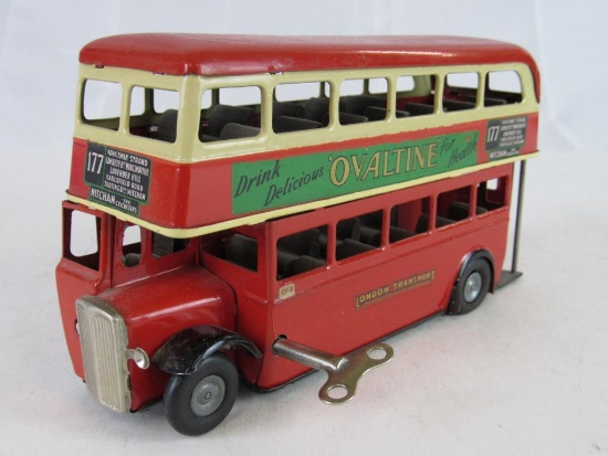 Antique Minic Tin Key Wind Double Decker Bus "Ovaltine" 7.5"