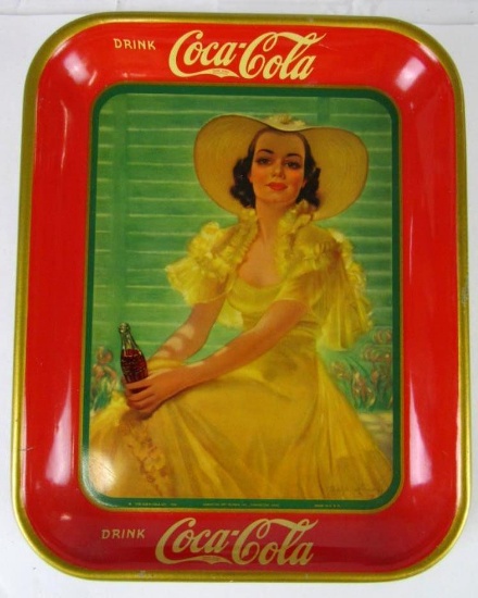 Antique 1938 Coca Cola Lady In Yellow Metal Advertising Tray 10 x 13" EXCELLENT!