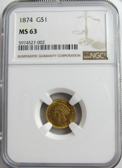 1874 US Gold $1 Princess Head Dollar NGC MS63