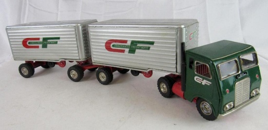 Excellent Vintage Japan Tin Friction Consolidated Freight Tandem Semi