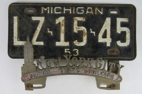 Antique Cast Aluminum New York Empire State Building License Plate Topper w/ 1953 Michigan Plate