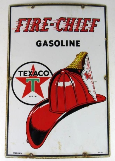 Antique 1950 Dated Texaco Fire Chief Porcelain Gas Pump Plate Sign 12 x 18"