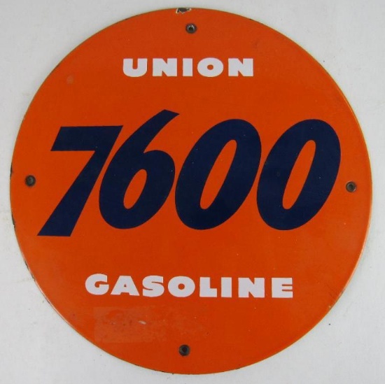 Rare Antique Union 7600 Gasoline Porcelain Gas Pump Plate Sign 11.75"