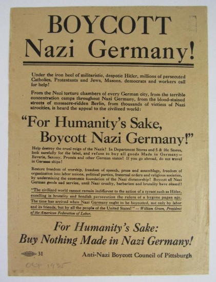 Rare! 1930's Anti-Nazi Boycott Broadside / Window Poster