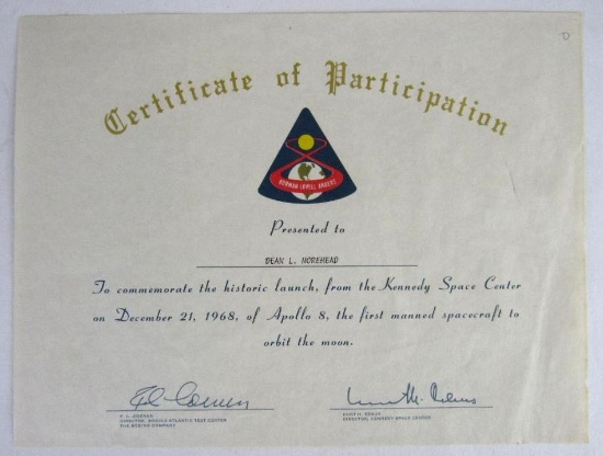 NASA Apollo 8/1968 Certificate of Participation