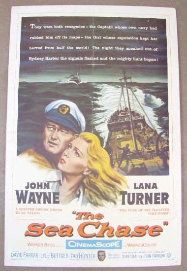 Excellent 1955 John Wayne "The Sea Chase" 1 Sheet Movie Poster on Board