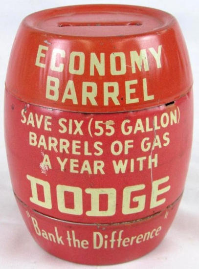 Antique Dodge Automobiles Tin Barrel Coin Bank