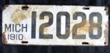 Antique 1910 Michigan Porcelain License Plate