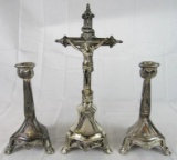 Excellent Antique Cast Metal Candle Holder / Cricifix 3 Pc. Altar Set