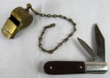 Antique Military Whistle, & Vintage Barlow Folding Knife
