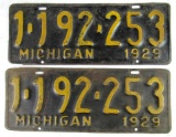 Matched Pair Antique 1929 Michigan Automobile License Plates