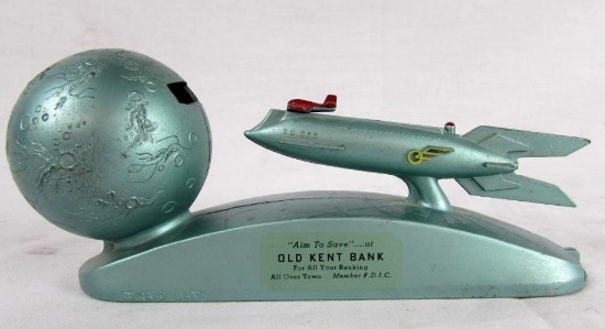 Vintage 1960's Strato Bank/ Metal Rocket Mechanical Coin Bank (Old Kent)