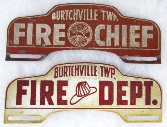 Excellent Antique Burtchville (Michigan) Fire Dept. & Fire Chief Metal License Plate Toppers